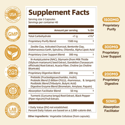 2000MG Complete Binder Detox+ Activated Charcoal, Zeolite, Bentonite Clay, NAC, Milk Thistle, Probiotic, All-in-1 Detox & Cleanse Supplement, Liver & Gut Support, 120 Capsules