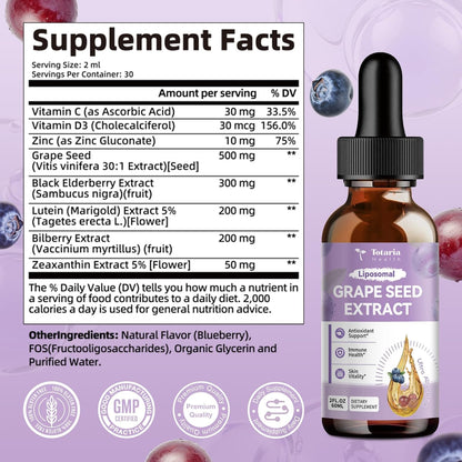 Grape Seed Extract Liquid Drops | High Potency 95% Polyphenols Antioxidant Supplement for Skin, Heart & Immune Support | Vegan, Gluten Free | Alcohol-Free & Non-GMO | 2FL