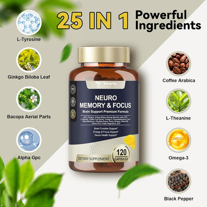 25 in 1 Brain Supplements for Memory and Focus & Neuro Health - Daily Brain Nootropic Cognitive Supplement with L-Tyrosine, Bacopa Monnieri, Ginkgo Biloba, Alpha GPC - Non-GMO, Gluten Free, Vegan