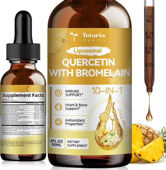 Liposomal Quercetin with Bromelain Liquid Drops - High Absorption Quercetin 1000mg & Bromelain 500mg Plus Elderberry,Vitamin C,Zinc for Immune & Antioxidant & Heart & Bone Support- 2 Fl Oz