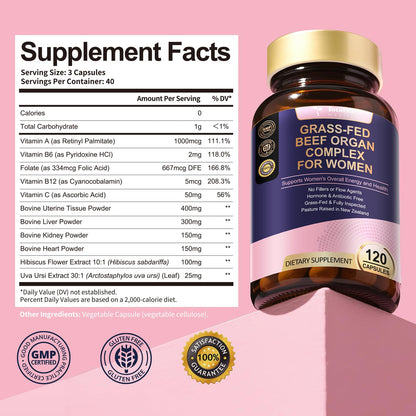 Beef Organ Supplement for Women - Beef Liver, Kidney, Heart,Uterus Tissue - Balance Hormones & Women's Overall Energy - Grass Fed, Pasture Raised - Natural Iron Supplement with Folate - 120 Capsules