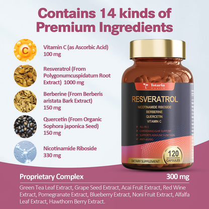 Resveratrol Supplement 8000mg Extra Strength with Berberine Quercetin Green Tea Extract Grape Seed Extract Polyphenol Antioxidant Supplement Antioxidant & Heart Health Support 120 Capsules