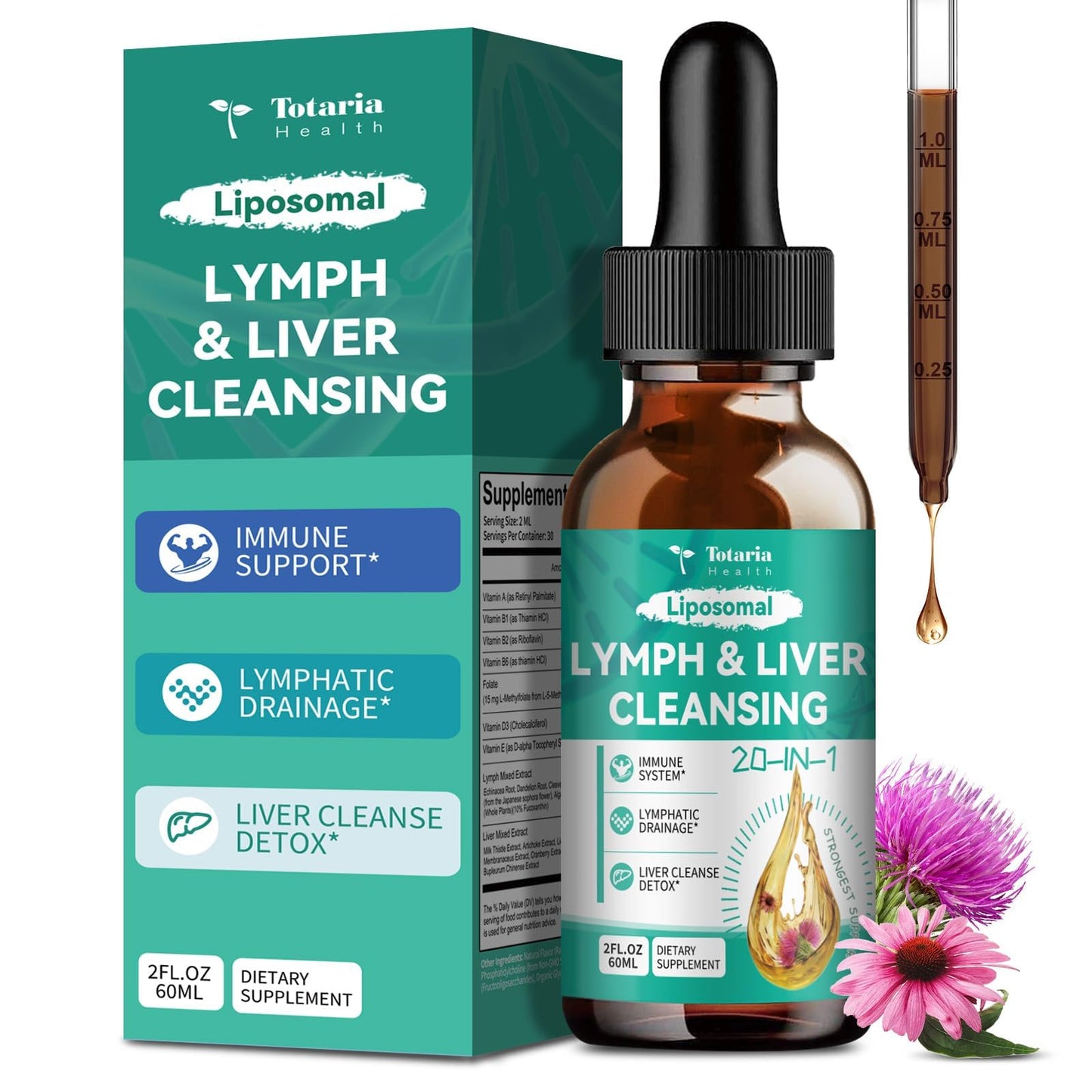 Strongest ''Lymph-Liver'' Cleanse Detox, Liposomal Organic Milk Thistle, Echinacea, Artichoke Lymphatic Drainage & Liver Repair Supplement with All Vitamins, 2 Fl.Oz