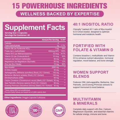 Myo-Inositol & D-Chiro Inositol for Women, 2050 mg inositol Supplement w/DIM, Ashwagandha, Folate, Vitamin D, Calcium, Ideal 40:1 Ratio, for Hormone Balance, Ovarian Function*, Overall Health, 120 Ct