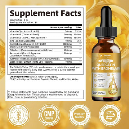Liposomal Quercetin with Bromelain Liquid Drops - High Absorption Quercetin 1000mg & Bromelain 500mg Plus Elderberry,Vitamin C,Zinc for Immune & Antioxidant & Heart & Bone Support- 2 Fl Oz