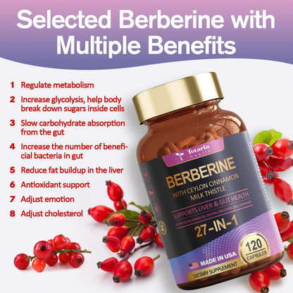 27-in-1 Berberine Supplement with Ceylon Cinnamon, Milk Thistle - Pure Berberine 6000mg - Berberine Plus for Immune, Better Figure, Liver & Gut Health, Vegan Supplements for Men & Women - 120 Caps