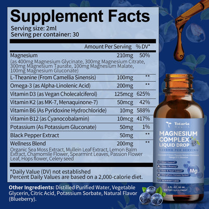 21 in 1 Magnesium Glycinate Complex Liquid Drop with Vitamin D3,K2,B6 & B12 Plus L-Theanine Omega-3 Sea Moss Extract for Energy,Sleep,Joint,Heart Health Sugar Free Blueberry Flavor,2 Fl Oz