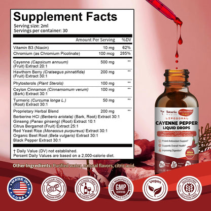Cayenne Pepper Drops Liposomal Liquid Supplement, 13-in-1 Cayenne Pepper Drops with Vitamin B3, Hawthorn Berry, Panax Ginseng, Berberine, Beet Root, Ceylon Cinnamon, Turmeric Curcumin Extract