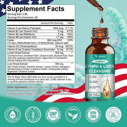 Strongest ''Lymph-Liver'' Cleanse Detox, Liposomal Organic Milk Thistle, Echinacea, Artichoke Lymphatic Drainage & Liver Repair Supplement with All Vitamins, 2 Fl.Oz