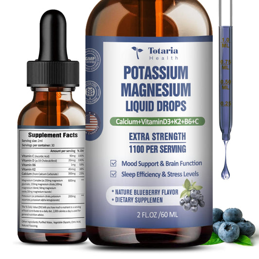 Potassium Magnesium Supplement Liquid Drops - Potassium 200mg & 600mg Triple Complex Magnesium Glycinate Liquid Citrate Oil High Absorption Potasio Support Bone, Muscle, Leg Cramps, Blueberry